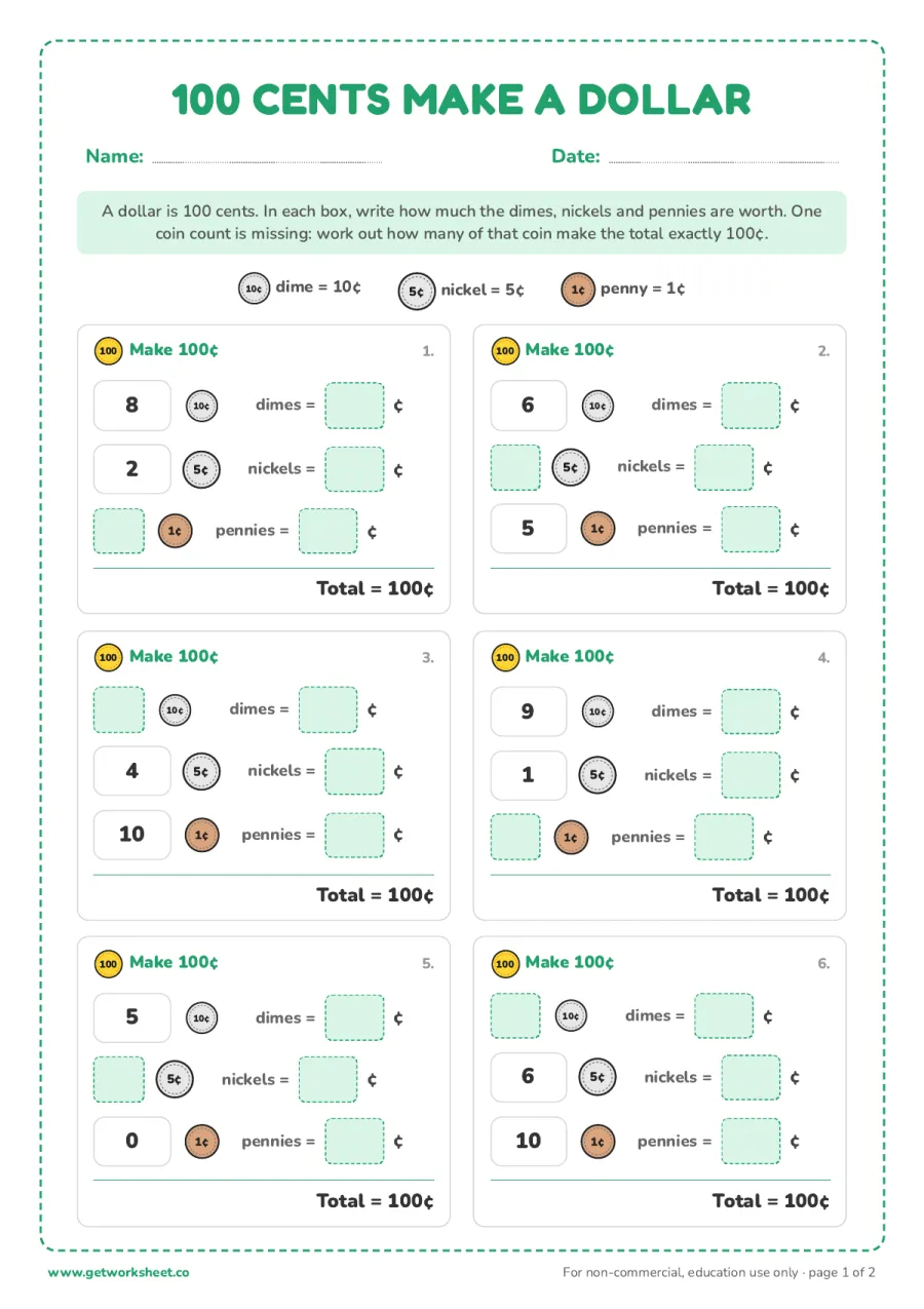 100 cents: make a dollar – free printable PDF worksheet, page 1 preview (7 free 100th day of school worksheets)