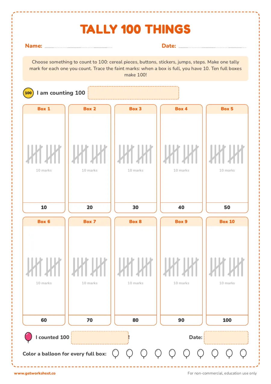 100 things tally page – free printable PDF worksheet, page 1 preview (7 free 100th day of school worksheets)