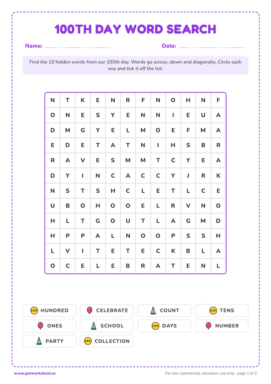 100th day of school word search – free printable PDF worksheet, page 1 preview (7 free 100th day of school worksheets)