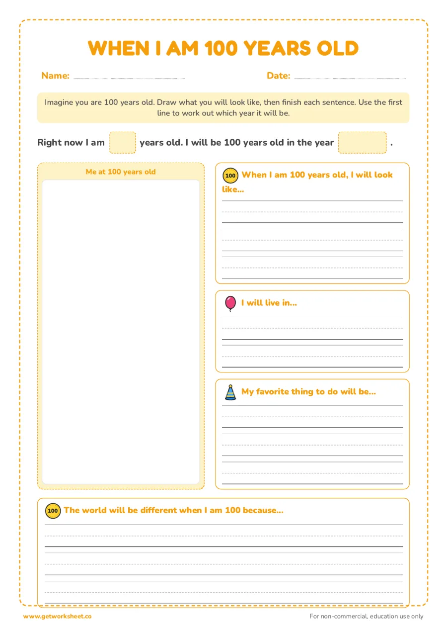 When I am 100 years old – free printable PDF worksheet, page 1 preview (7 free 100th day of school worksheets)