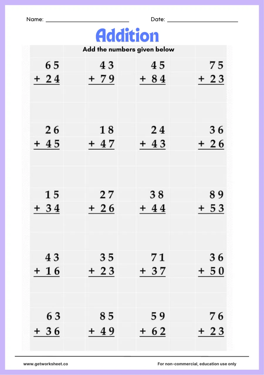 2-digit column addition on grid paper: 20 sums past 100 – free printable PDF worksheet, page 1 preview (5 free 2-digit addition worksheets)