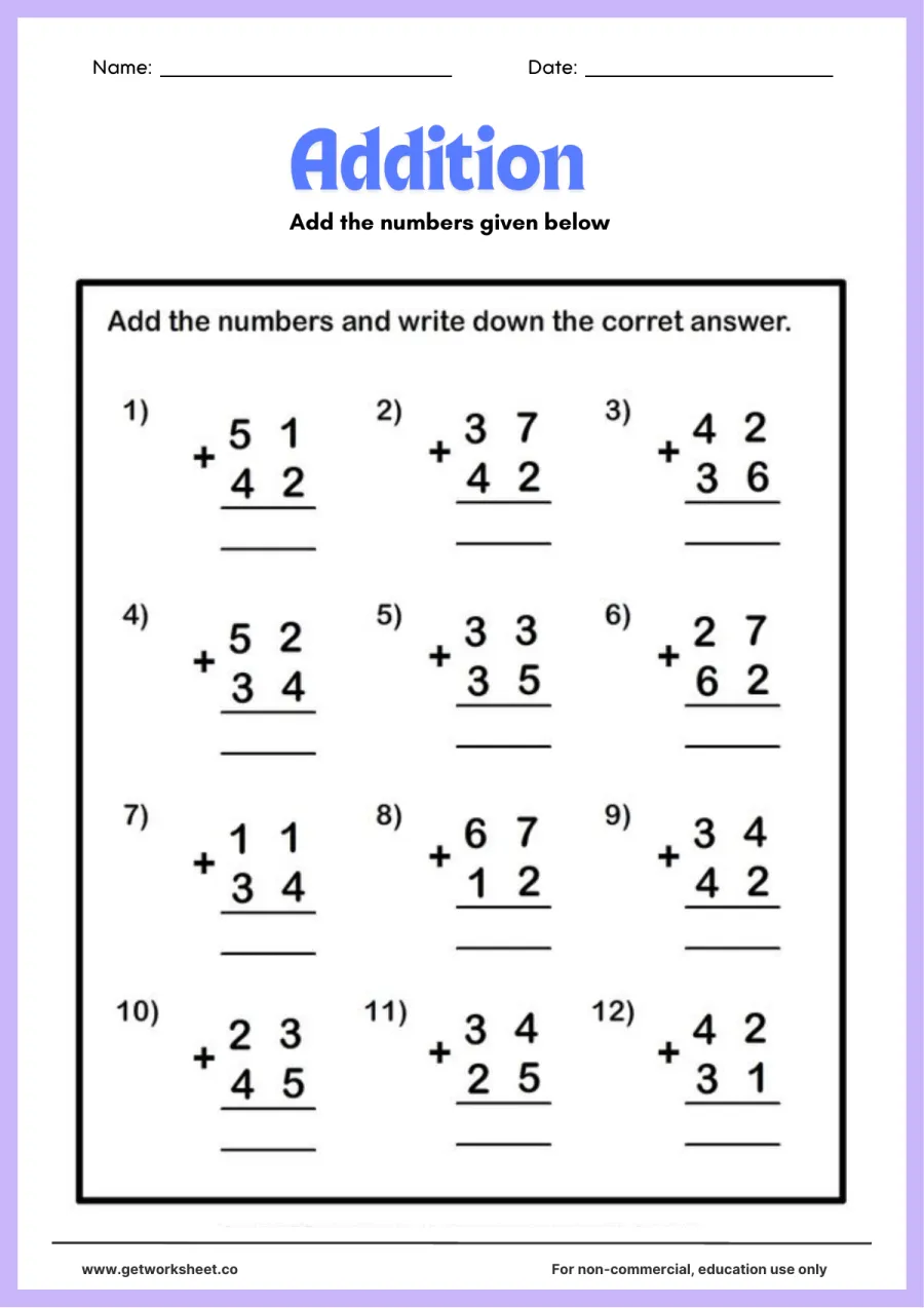 2-digit addition without regrouping, set 2 (12 problems) – free printable PDF worksheet, page 1 preview (5 free 2-digit addition worksheets)