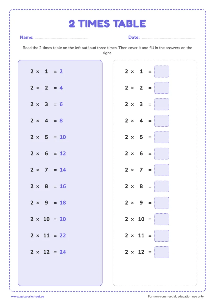 Timetable Worksheet.pdf 2 Times Table Worksheets: 6 Free Printables, Grades 2 to 3