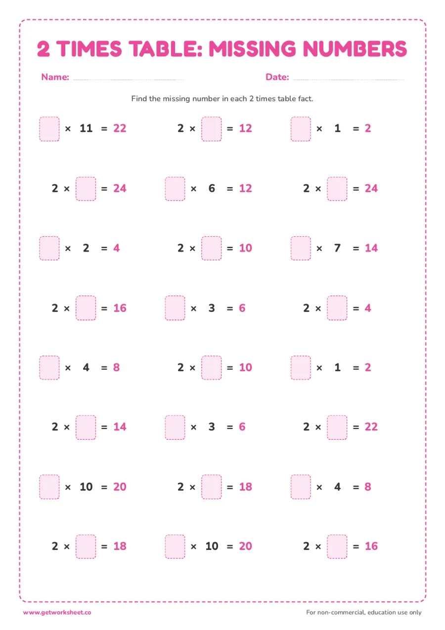 2 times table missing number worksheet 2 times table missing number worksheet – free printable PDF worksheet, page 1 preview (6 free 2 times table worksheets)