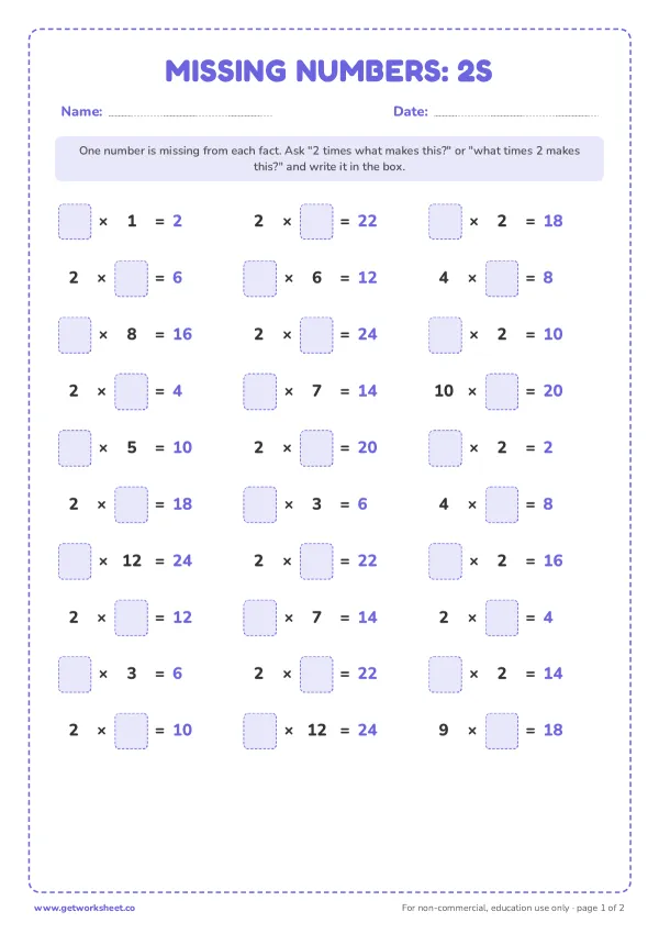 2 times table missing numbers, set 2, page 1 preview