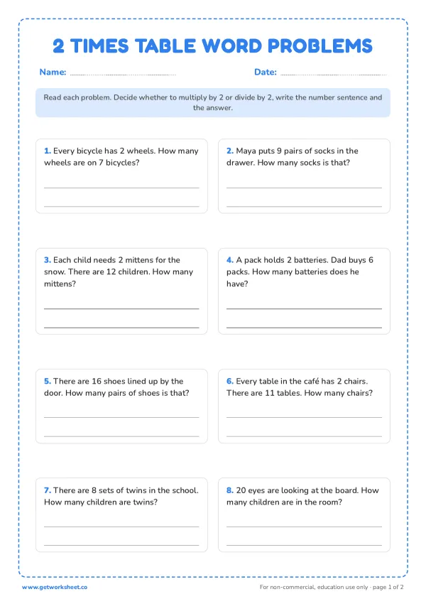 2 times table word problems: pairs and twos, page 1 preview