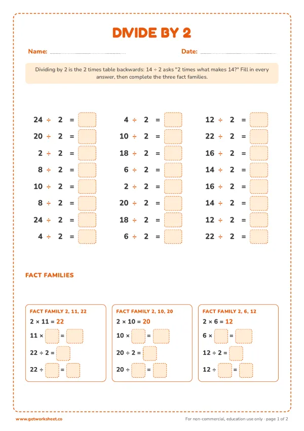Divide by 2, set 2: halving facts and fact families, page 1 preview