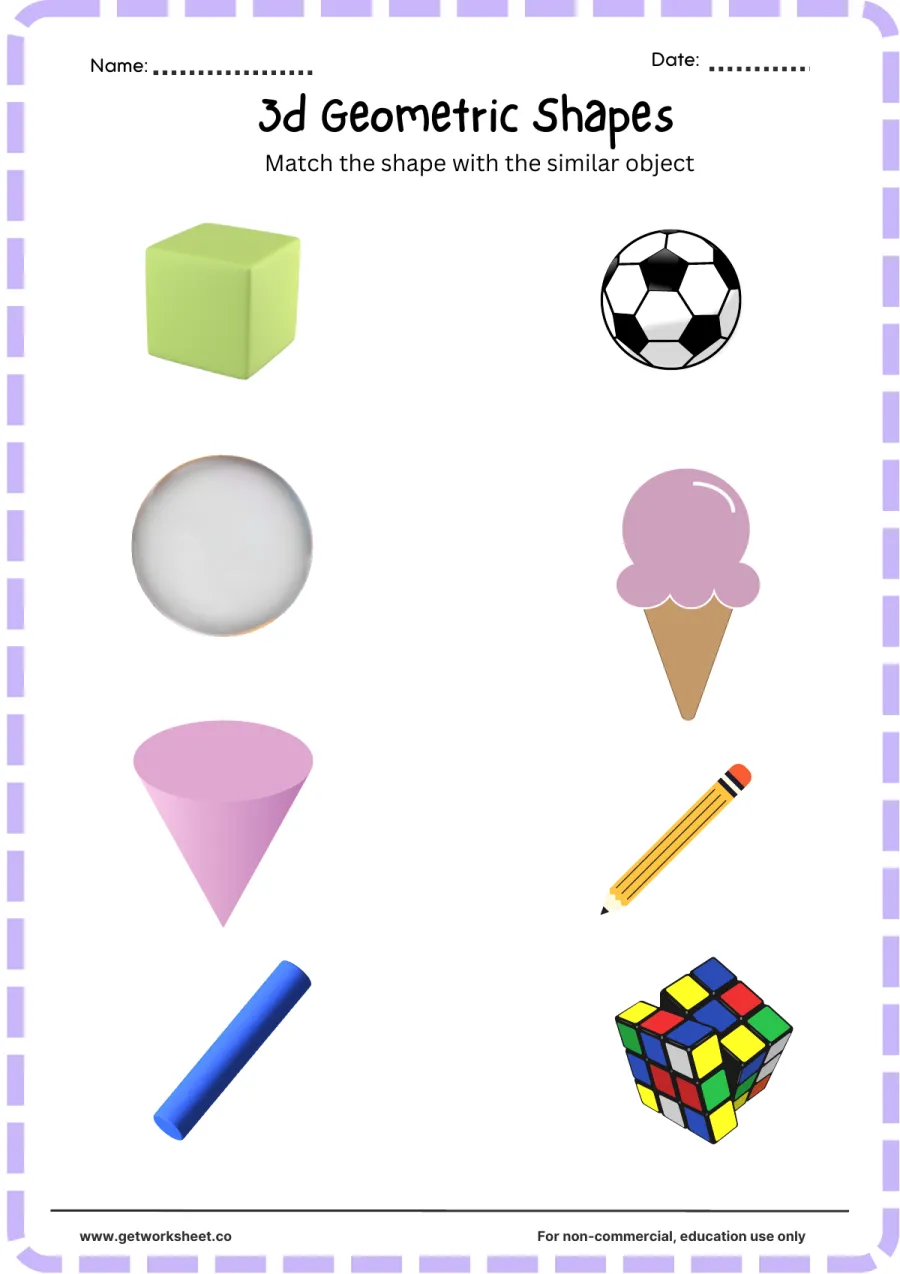 Match the 3D shape to a real object Match the 3D shape to a real object – free printable PDF worksheet, page 1 preview (Free 3D shapes worksheets)
