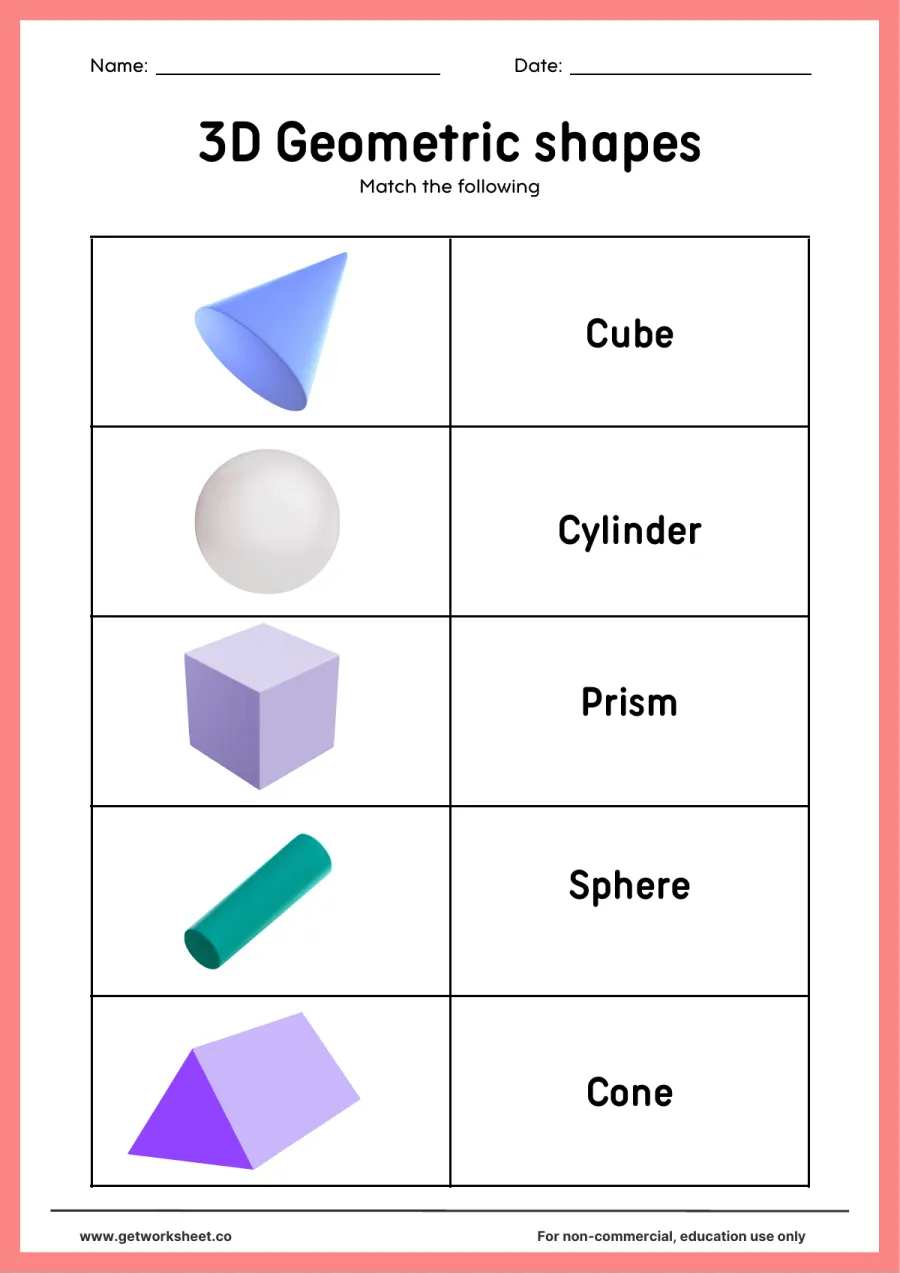 Match the solid to its name Match the solid to its name – free printable PDF worksheet, page 1 preview (Free 3D shapes worksheets)