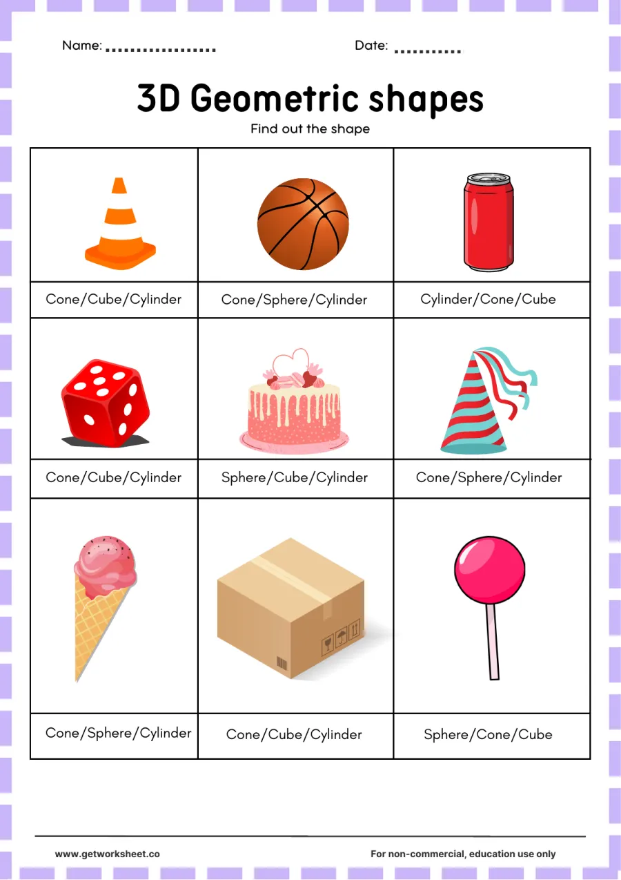 Find the shape in nine photos Find the shape in nine photos – free printable PDF worksheet, page 1 preview (Free 3D shapes worksheets)