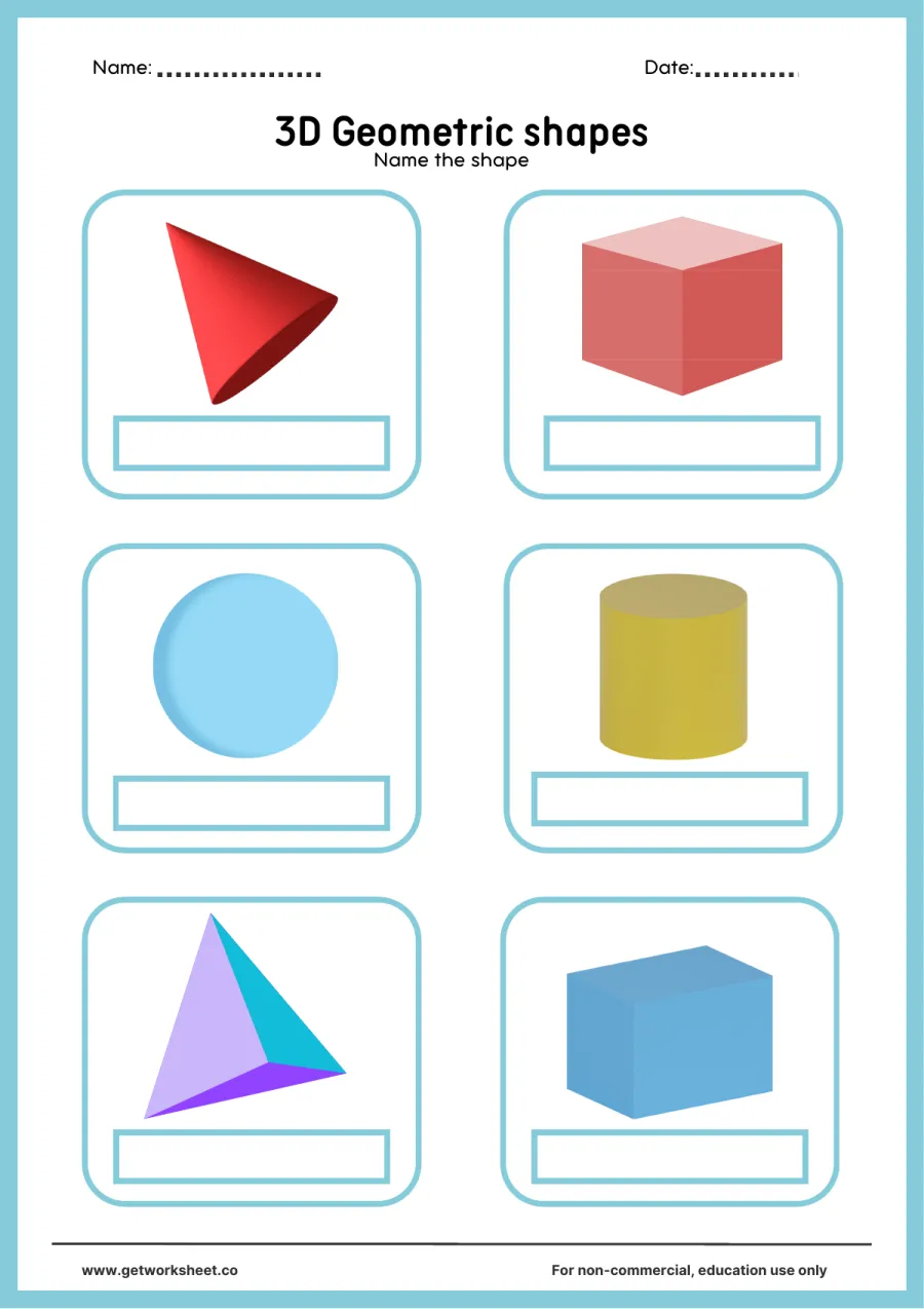 Name the shape (write the word) Name the shape (write the word) – free printable PDF worksheet, page 1 preview (Free 3D shapes worksheets)