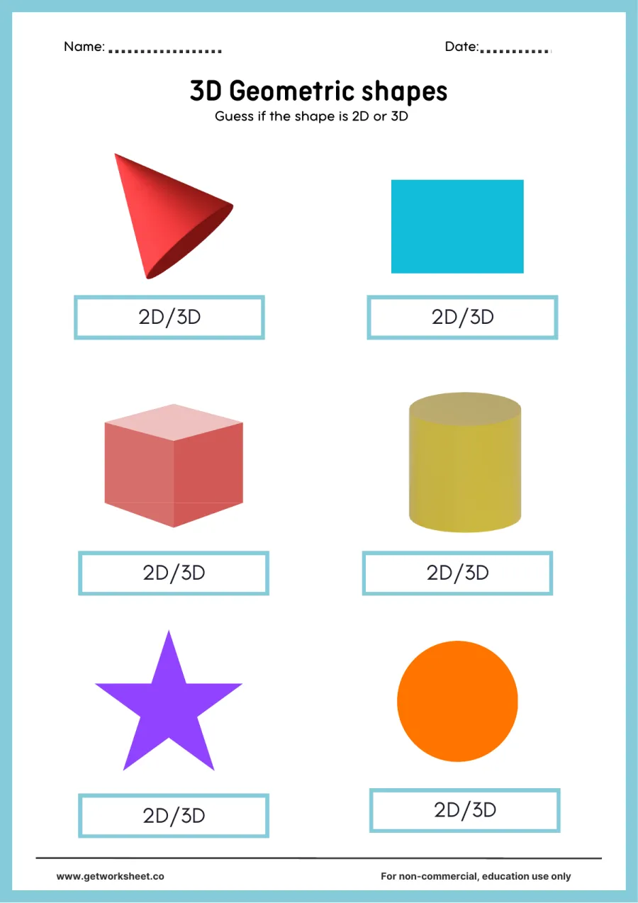 2D or 3D? Sort six shapes 2D or 3D? Sort six shapes – free printable PDF worksheet, page 1 preview (Free 3D shapes worksheets)