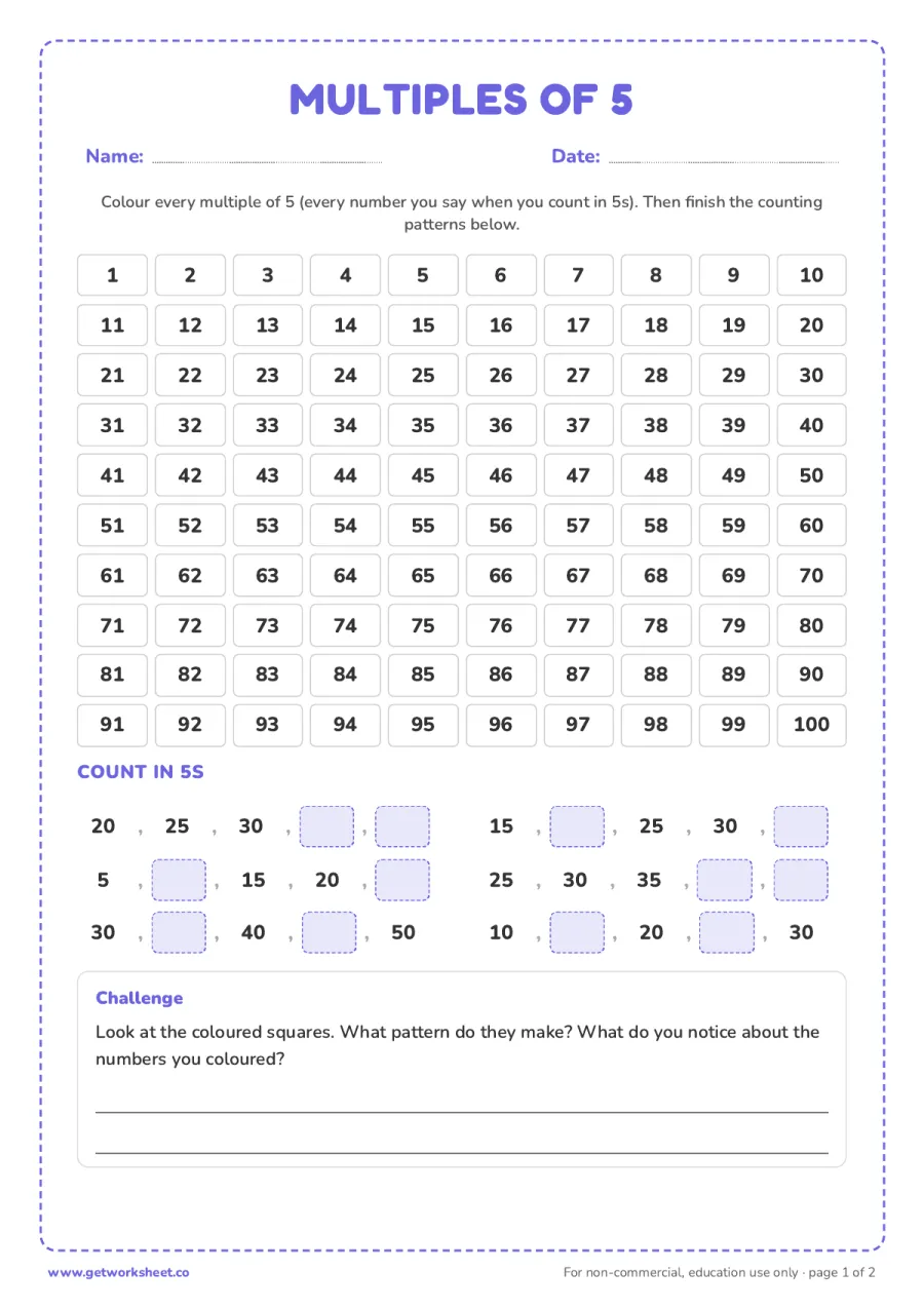 Multiples of 5: colour the grid 1 to 100 and count in 5s – free printable PDF worksheet, page 1 preview (6 free 5 times table worksheets)