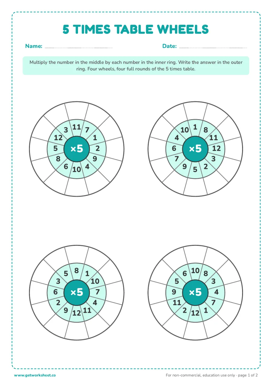 5 times table wheels – free printable PDF worksheet, page 1 preview (6 free 5 times table worksheets)