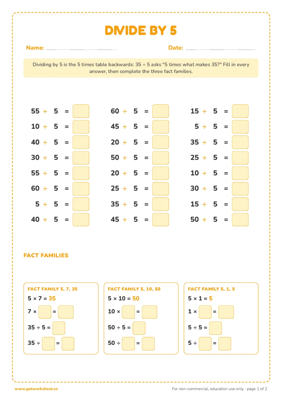 Divide by 5: division facts and fact families – free printable PDF worksheet, page 1 preview (6 free 5 times table worksheets)