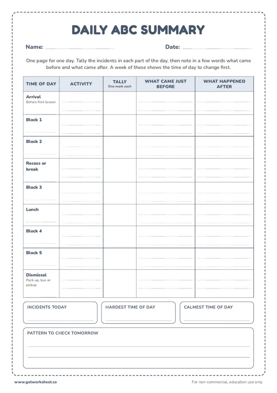 Daily ABC summary by time of day – free printable PDF worksheet, page 1 preview (7 free ABC data collection sheets)