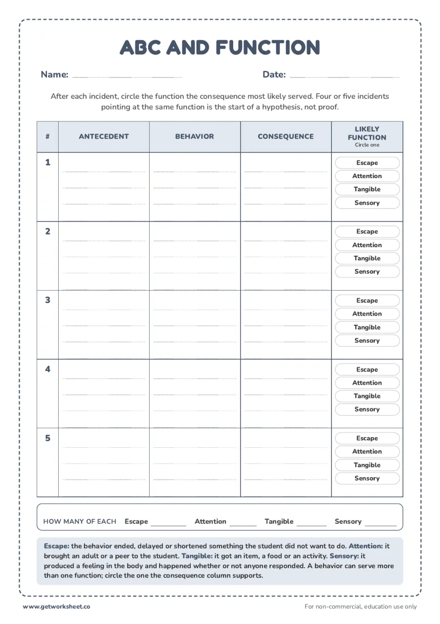 ABC data sheet with a function column – free printable PDF worksheet, page 1 preview (7 free ABC data collection sheets)