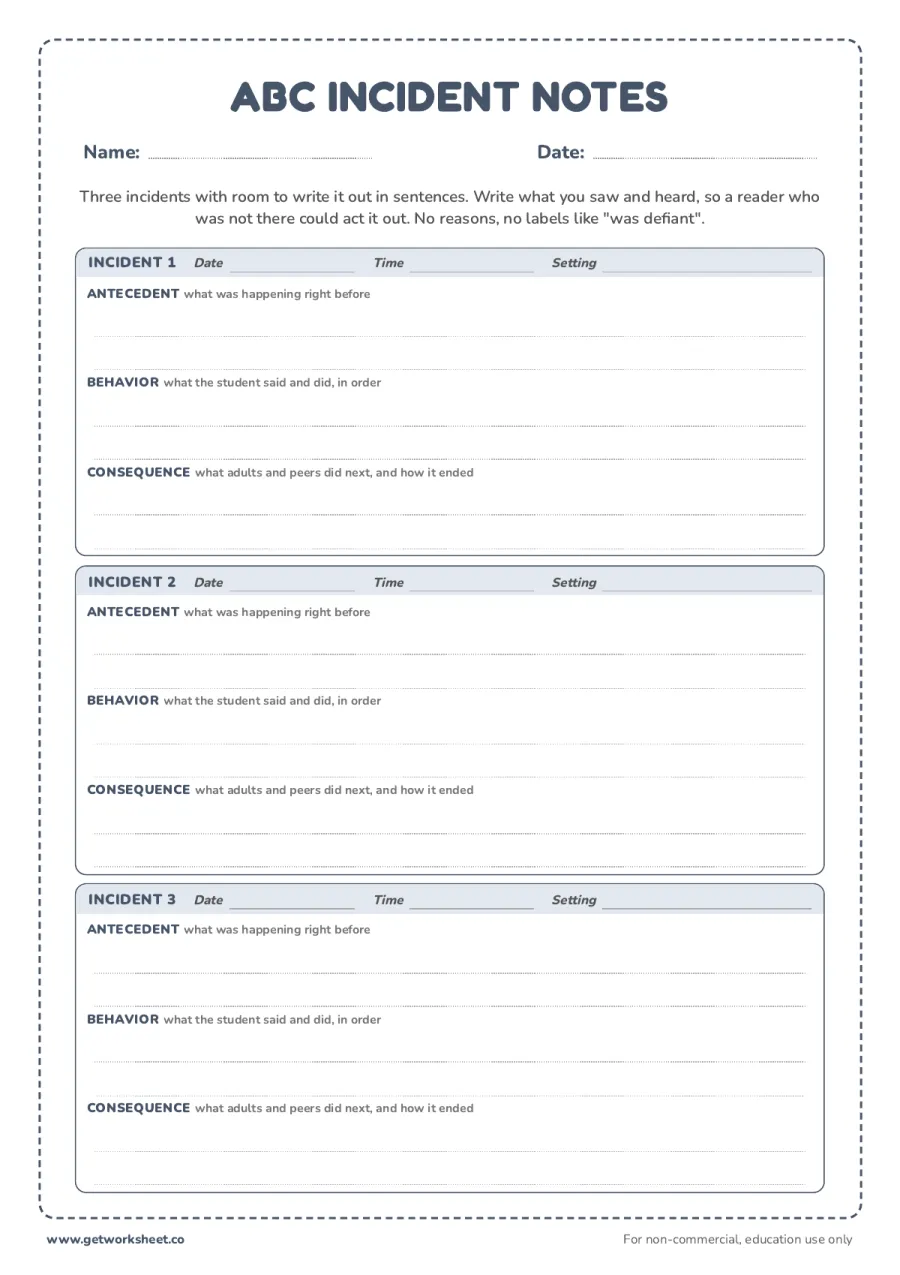 Narrative ABC incident notes (3 incidents) – free printable PDF worksheet, page 1 preview (7 free ABC data collection sheets)