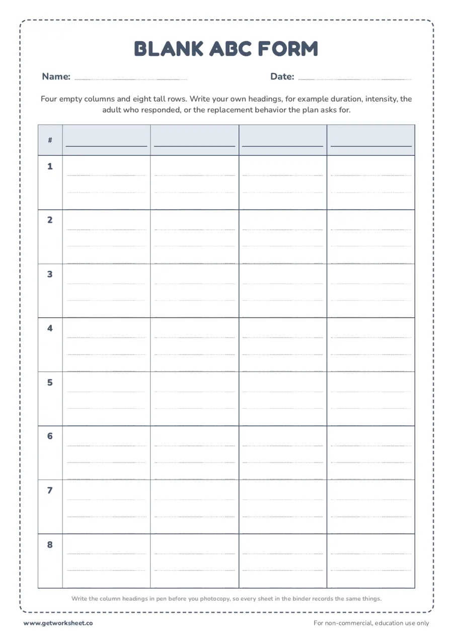 Blank ABC form with ruled columns – free printable PDF worksheet, page 1 preview (7 free ABC data collection sheets)