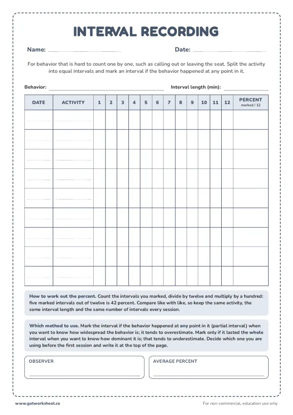 Interval recording sheet (12 intervals, 9 sessions), page 1 preview