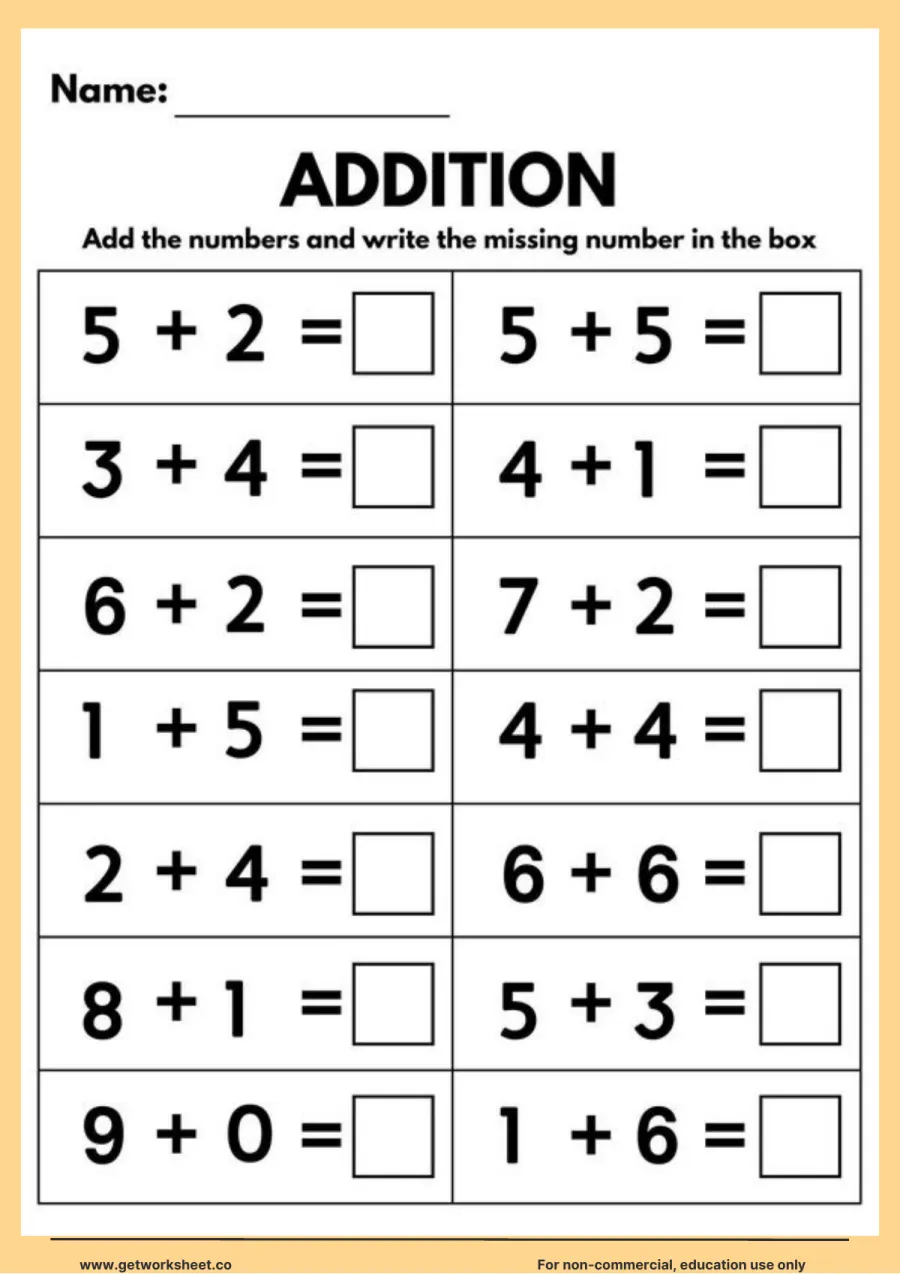 Add within 12: 14 horizontal sums with answer boxes – free printable PDF worksheet, page 1 preview (Free addition worksheets)