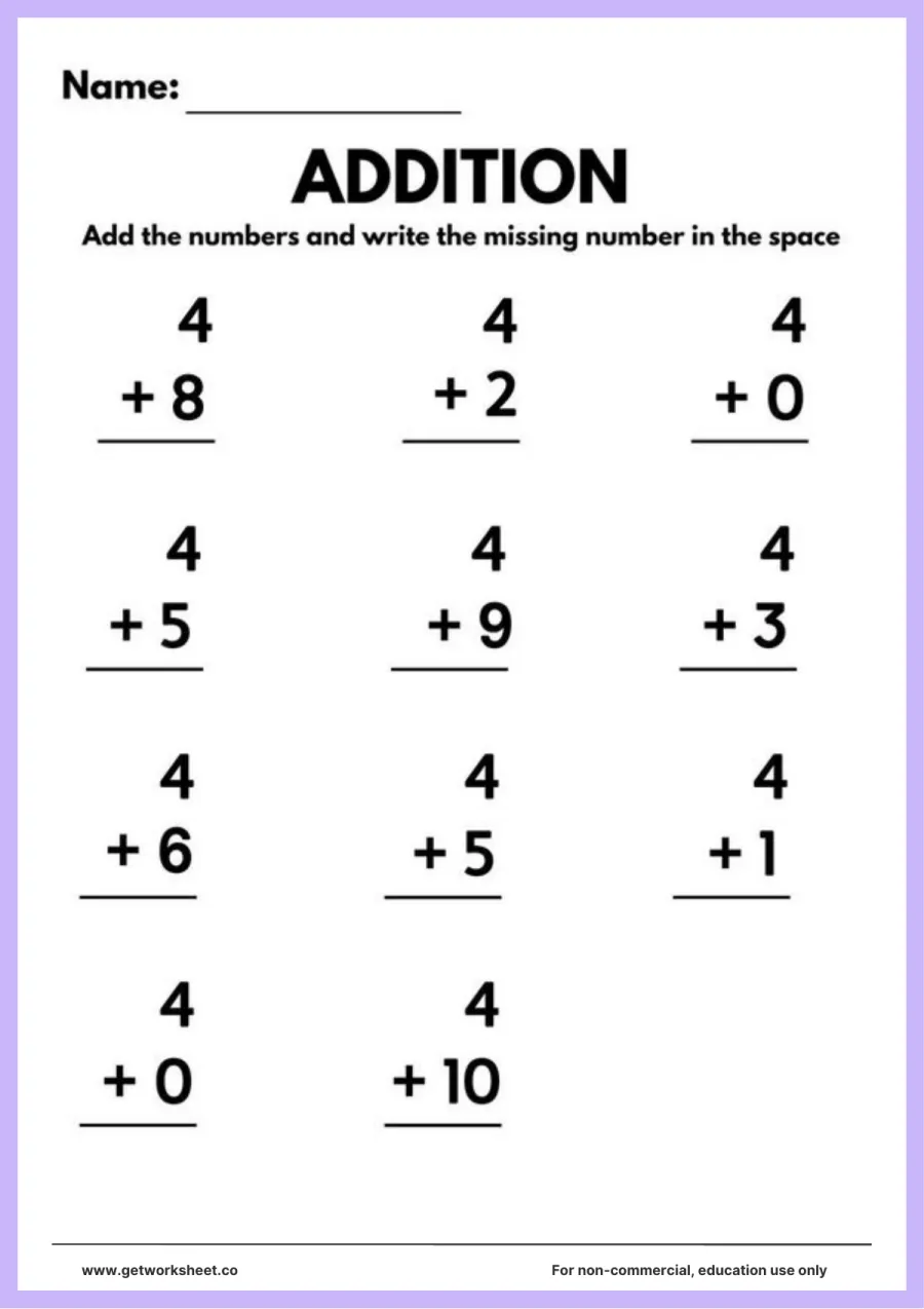 Adding 4: 11 column sums from 4 + 0 to 4 + 10 – free printable PDF worksheet, page 1 preview (Free addition worksheets)