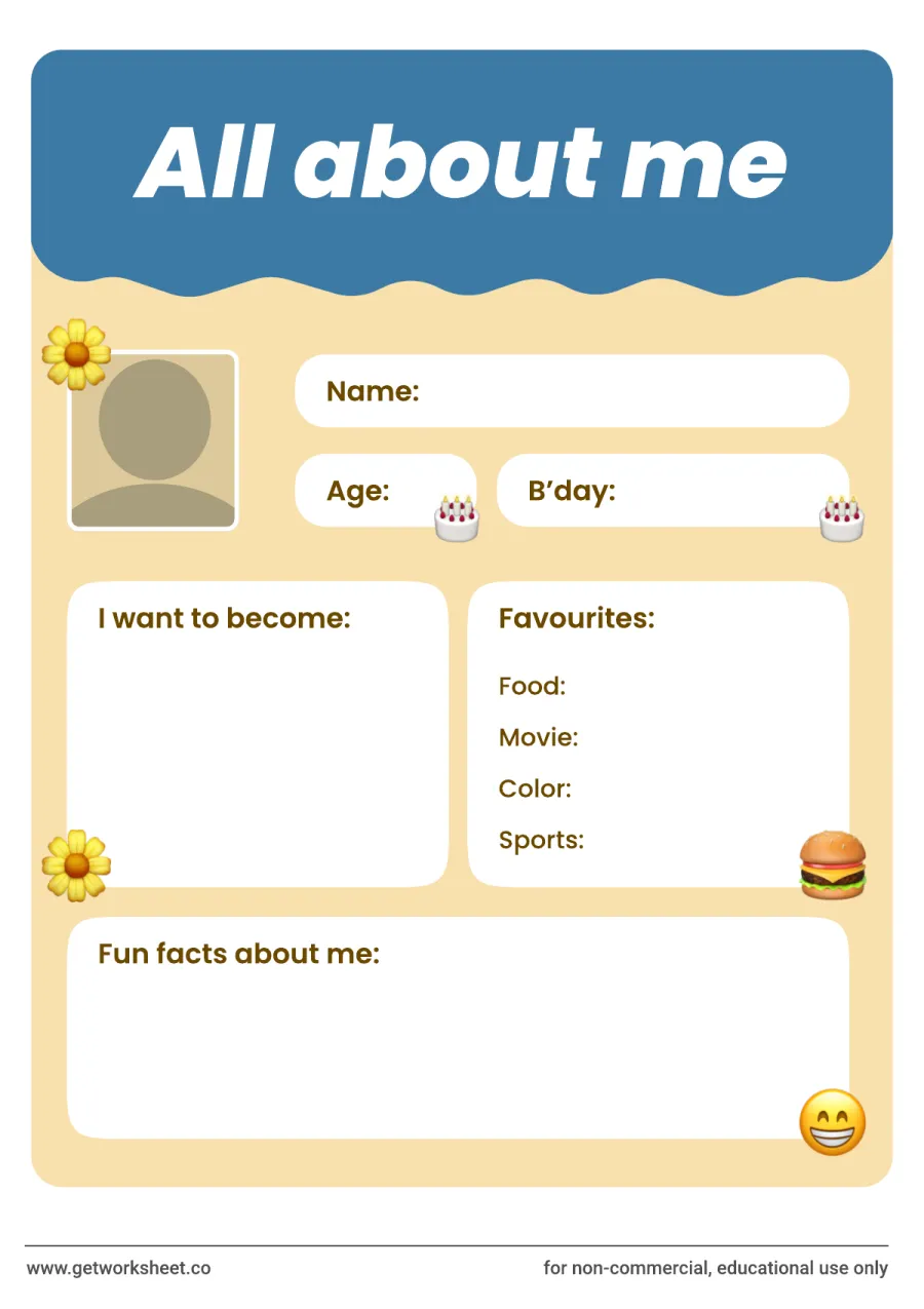 All about me: favourites, future job and fun facts All about me: favourites, future job and fun facts – free printable PDF worksheet, page 1 preview (10 free all about me worksheets)