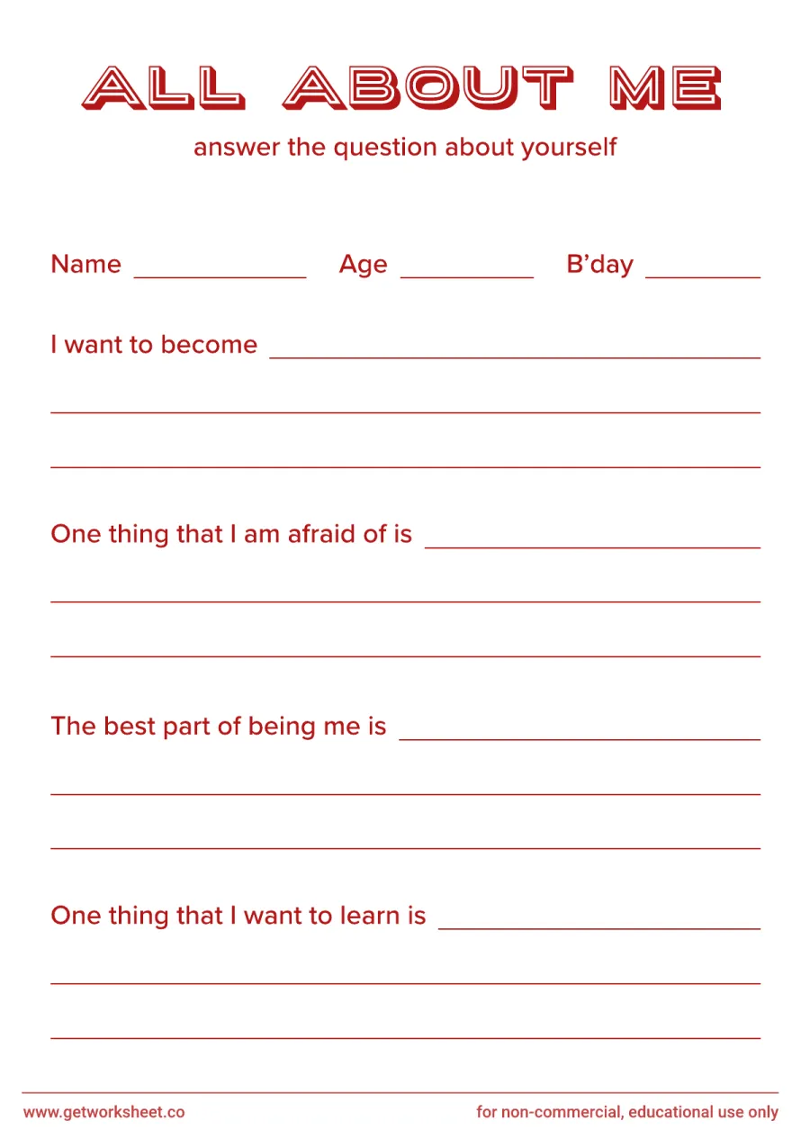 All about me: fears, best part of being me, what to learn All about me: fears, best part of being me, what to learn – free printable PDF worksheet, page 1 preview (10 free all about me worksheets)