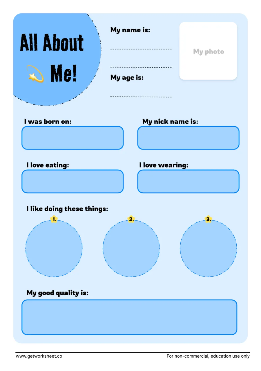 All about me: 3 things I like doing and my good quality All about me: 3 things I like doing and my good quality – free printable PDF worksheet, page 1 preview (10 free all about me worksheets)