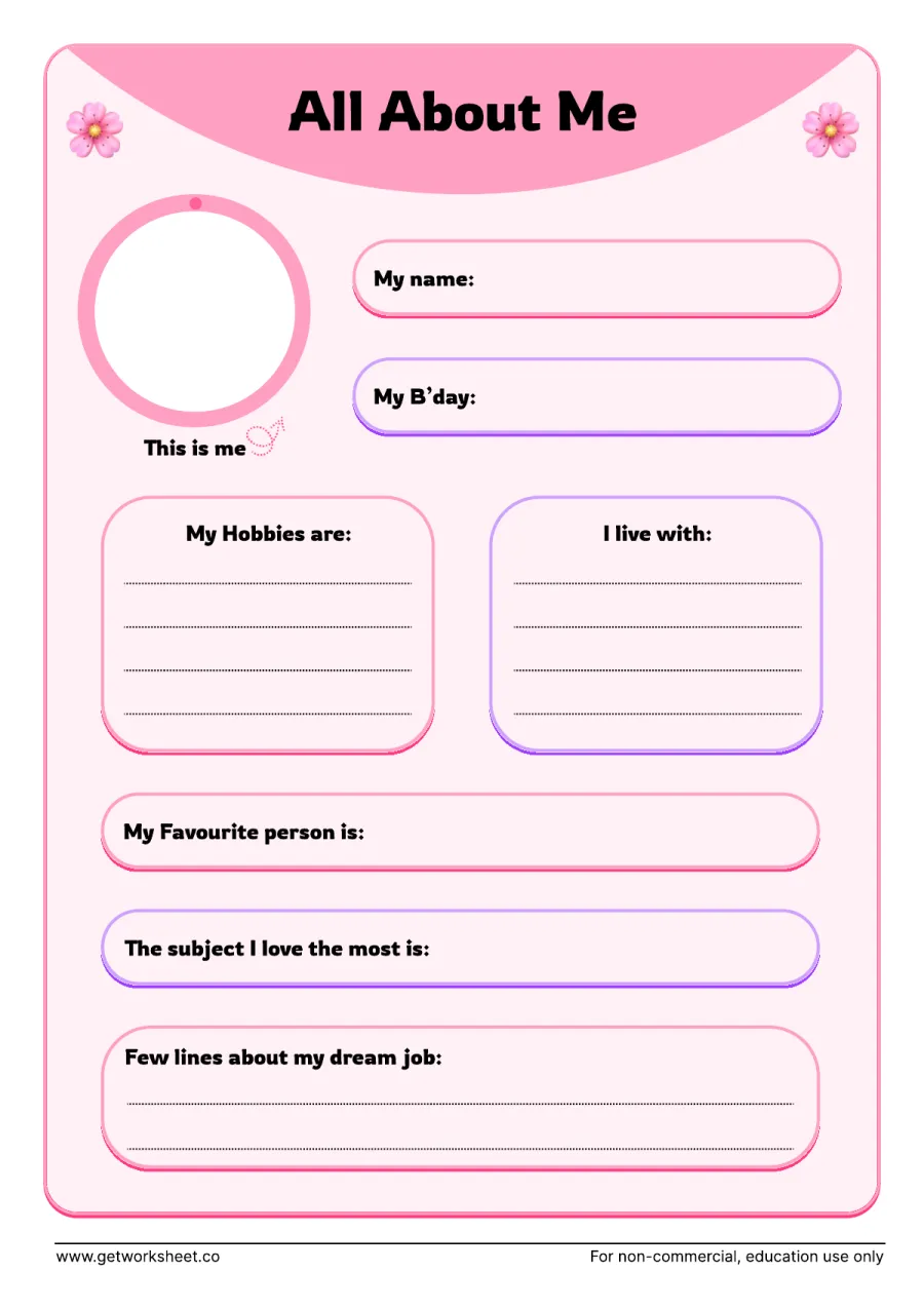 All about me: who I live with, favourite subject, dream job All about me: who I live with, favourite subject, dream job – free printable PDF worksheet, page 1 preview (10 free all about me worksheets)