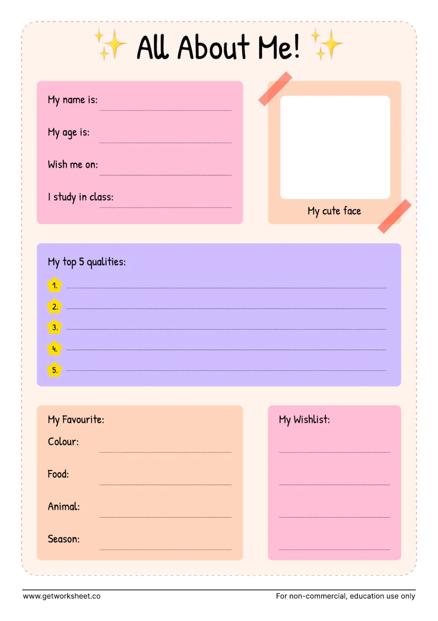 All about me: passtime, things I love doing, future job All about me: passtime, things I love doing, future job – free printable PDF worksheet, page 1 preview (10 free all about me worksheets)