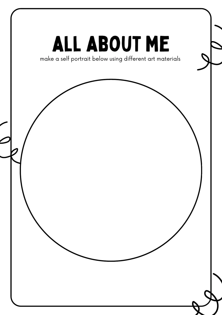 All about me: draw a self-portrait in the circle All about me: draw a self-portrait in the circle – free printable PDF worksheet, page 1 preview (10 free all about me worksheets)