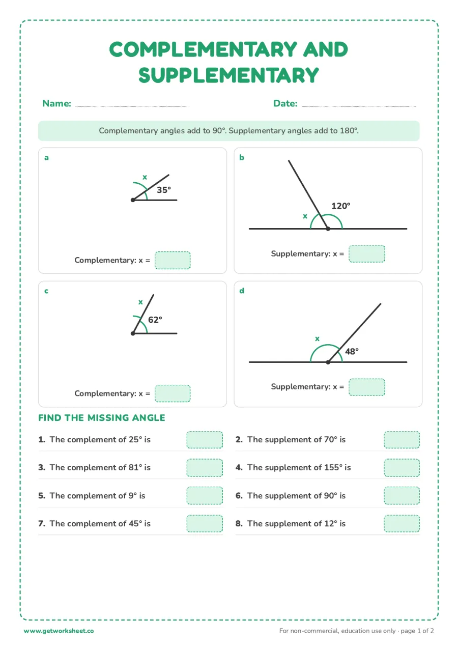 Complementary and supplementary angles – free printable PDF worksheet, page 1 preview (8 free angles worksheets)