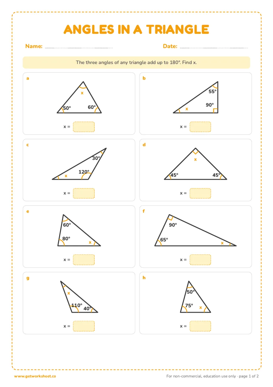 Angles in a triangle: find the missing angle – free printable PDF worksheet, page 1 preview (8 free angles worksheets)