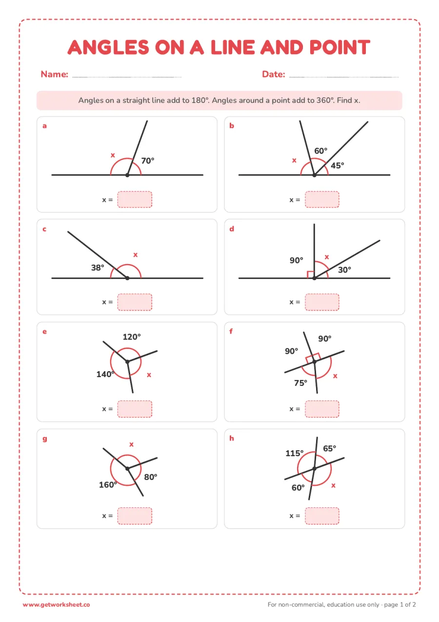 Angles on a straight line and around a point – free printable PDF worksheet, page 1 preview (8 free angles worksheets)
