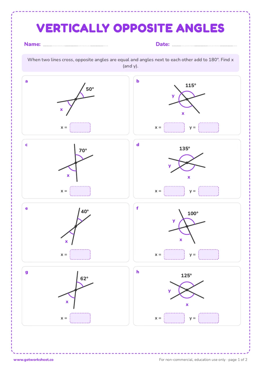 Vertically opposite angles – free printable PDF worksheet, page 1 preview (8 free angles worksheets)