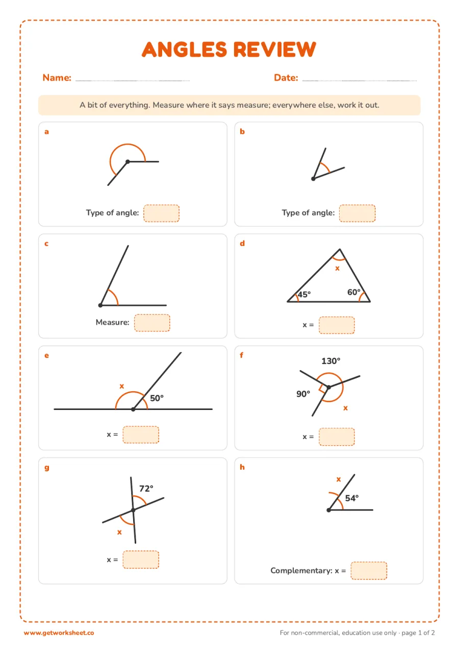 Angles mixed review – free printable PDF worksheet, page 1 preview (8 free angles worksheets)