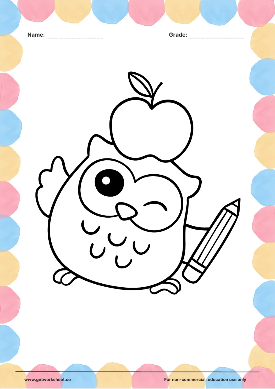 Animal coloring page: winking owl with apple and pencil Animal coloring page: winking owl with apple and pencil – free printable PDF worksheet, page 1 preview (Free printable animal coloring pages)