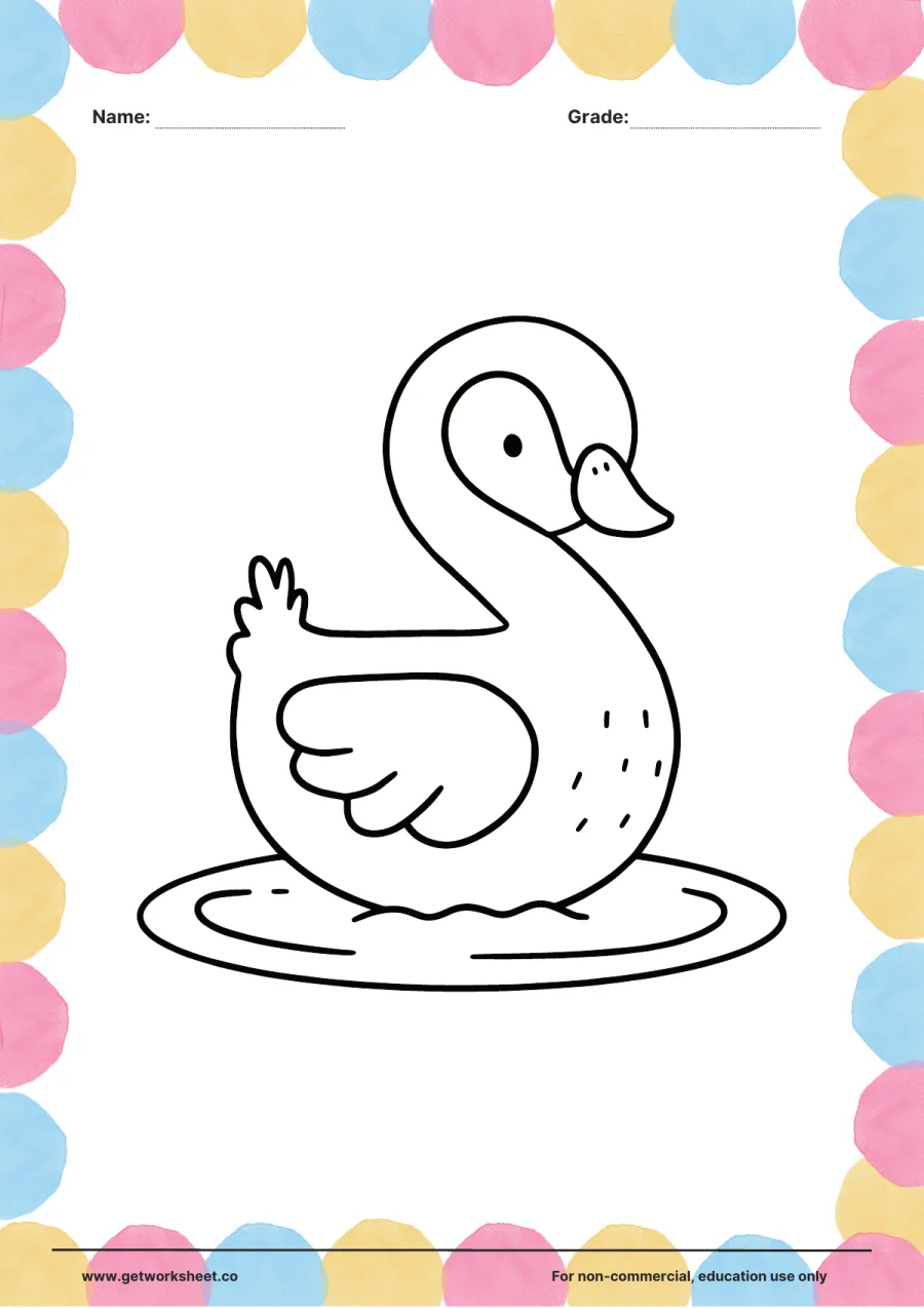 Animal coloring page: swan floating on the water Animal coloring page: swan floating on the water – free printable PDF worksheet, page 1 preview (Free printable animal coloring pages)