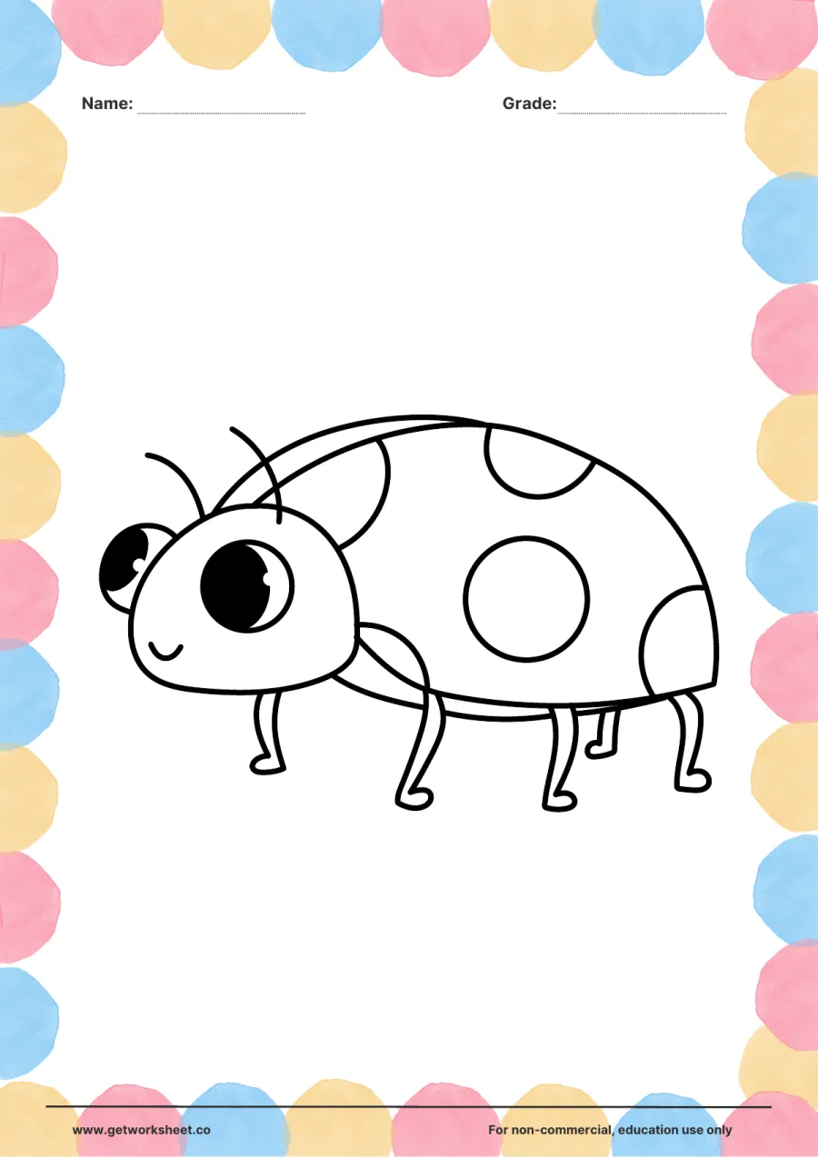 Animal coloring page: spotted ladybug walking Animal coloring page: spotted ladybug walking – free printable PDF worksheet, page 1 preview (Free printable animal coloring pages)