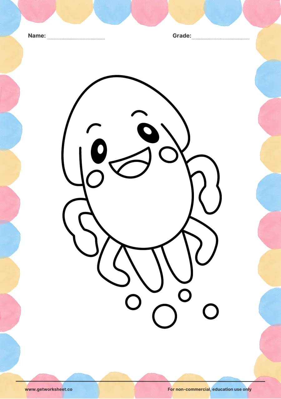 Animal coloring page: happy squid blowing bubbles Animal coloring page: happy squid blowing bubbles – free printable PDF worksheet, page 1 preview (Free printable animal coloring pages)