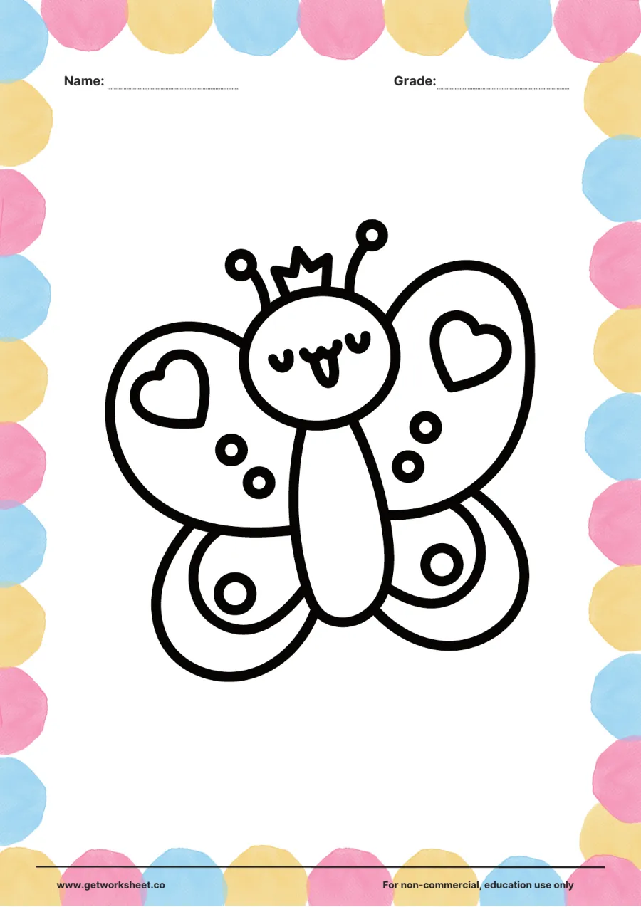 Animal coloring page: butterfly with heart wings and crown Animal coloring page: butterfly with heart wings and crown – free printable PDF worksheet, page 1 preview (Free printable animal coloring pages)