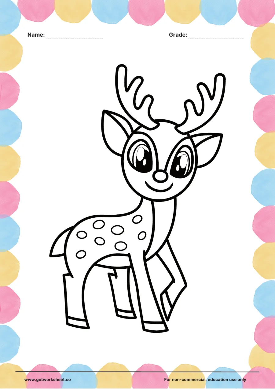 Animal coloring page: spotted fawn with antlers Animal coloring page: spotted fawn with antlers – free printable PDF worksheet, page 1 preview (Free printable animal coloring pages)