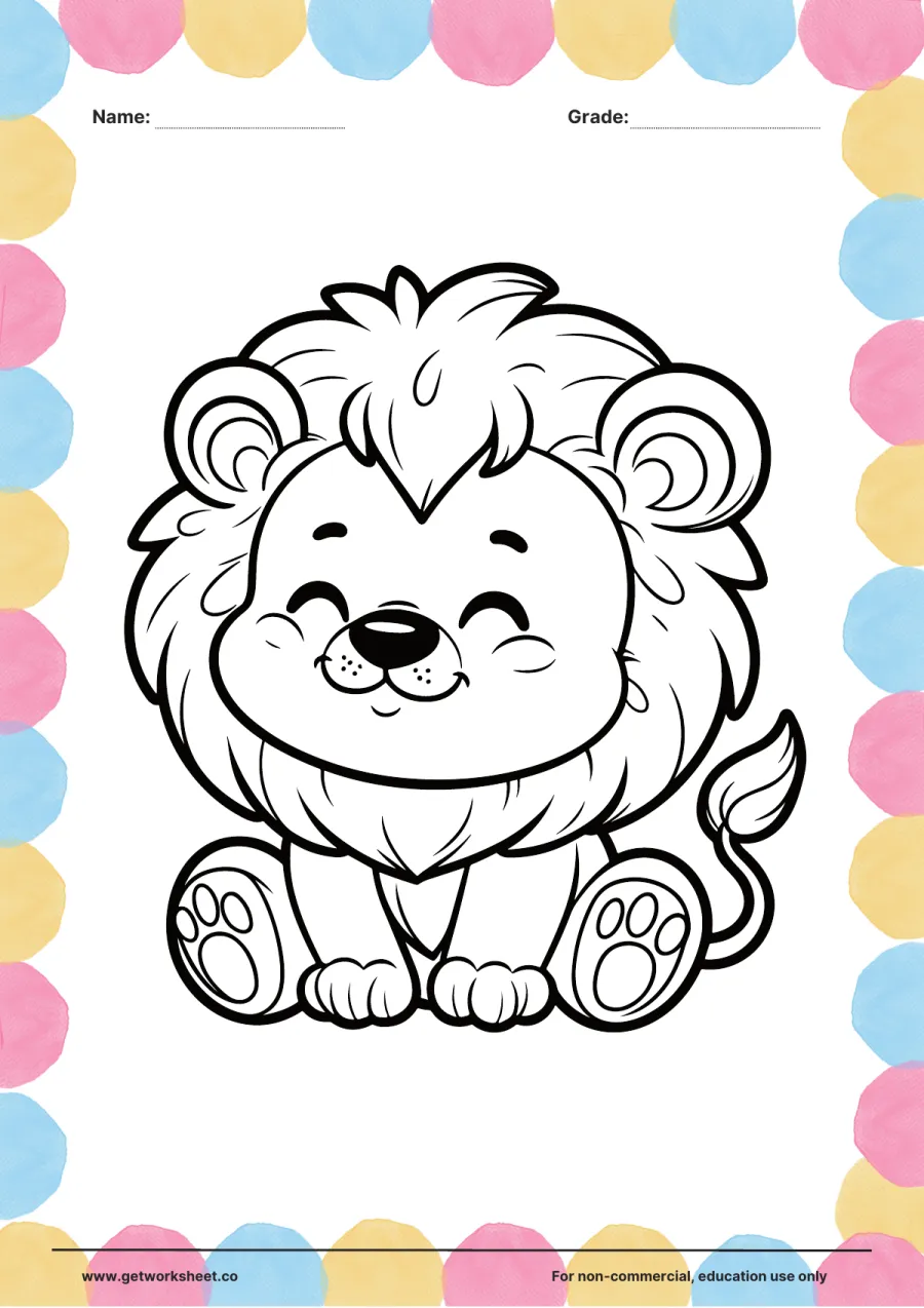 Animal coloring page: smiling lion cub with full mane Animal coloring page: smiling lion cub with full mane – free printable PDF worksheet, page 1 preview (Free printable animal coloring pages)