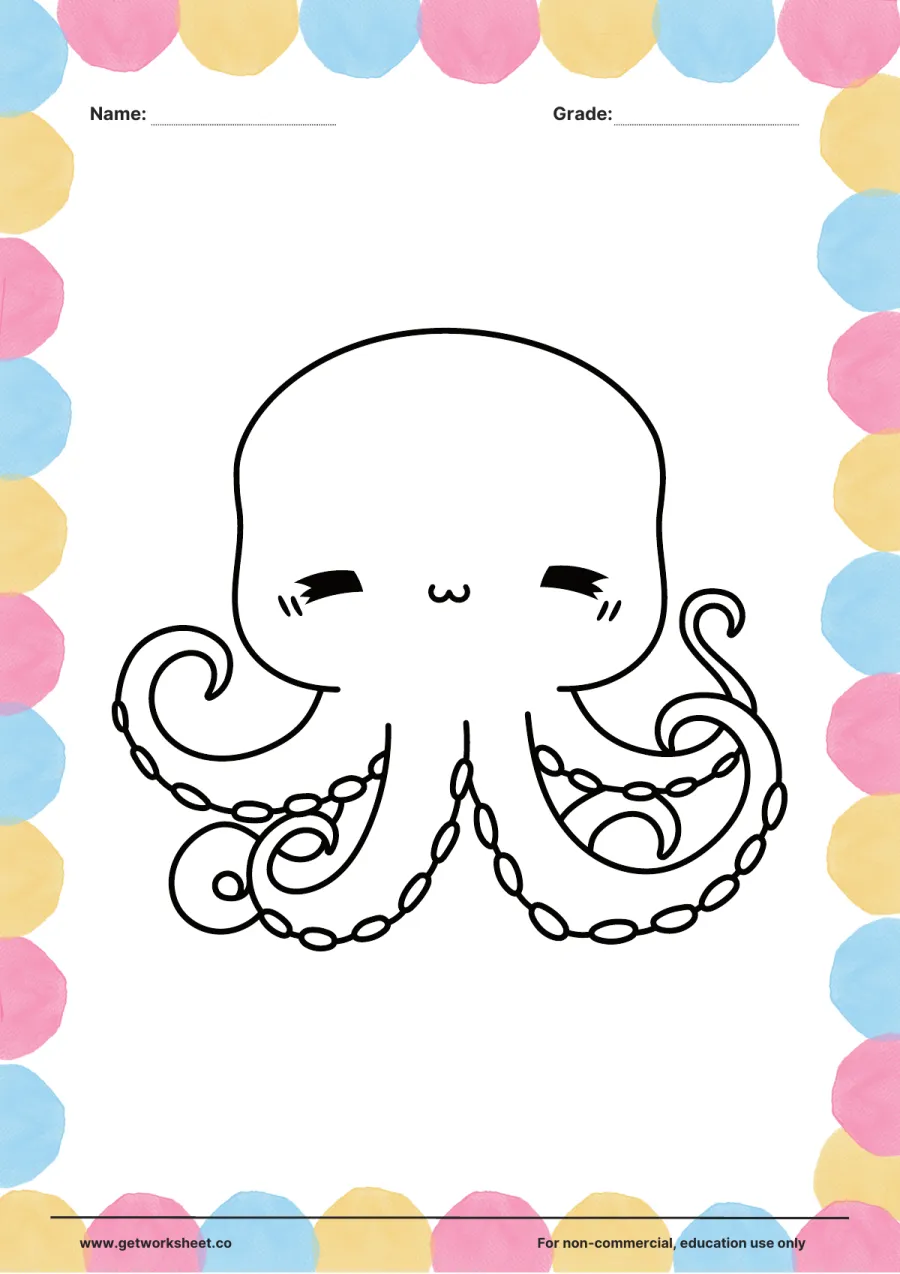 Animal coloring page: octopus with curling tentacles Animal coloring page: octopus with curling tentacles – free printable PDF worksheet, page 1 preview (Free printable animal coloring pages)