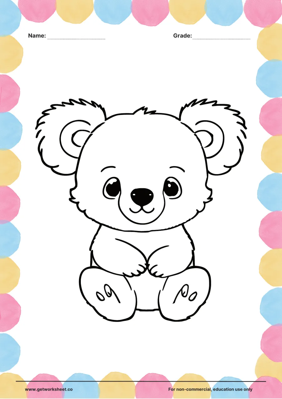 Animal coloring page: koala sitting with fluffy ears Animal coloring page: koala sitting with fluffy ears – free printable PDF worksheet, page 1 preview (Free printable animal coloring pages)
