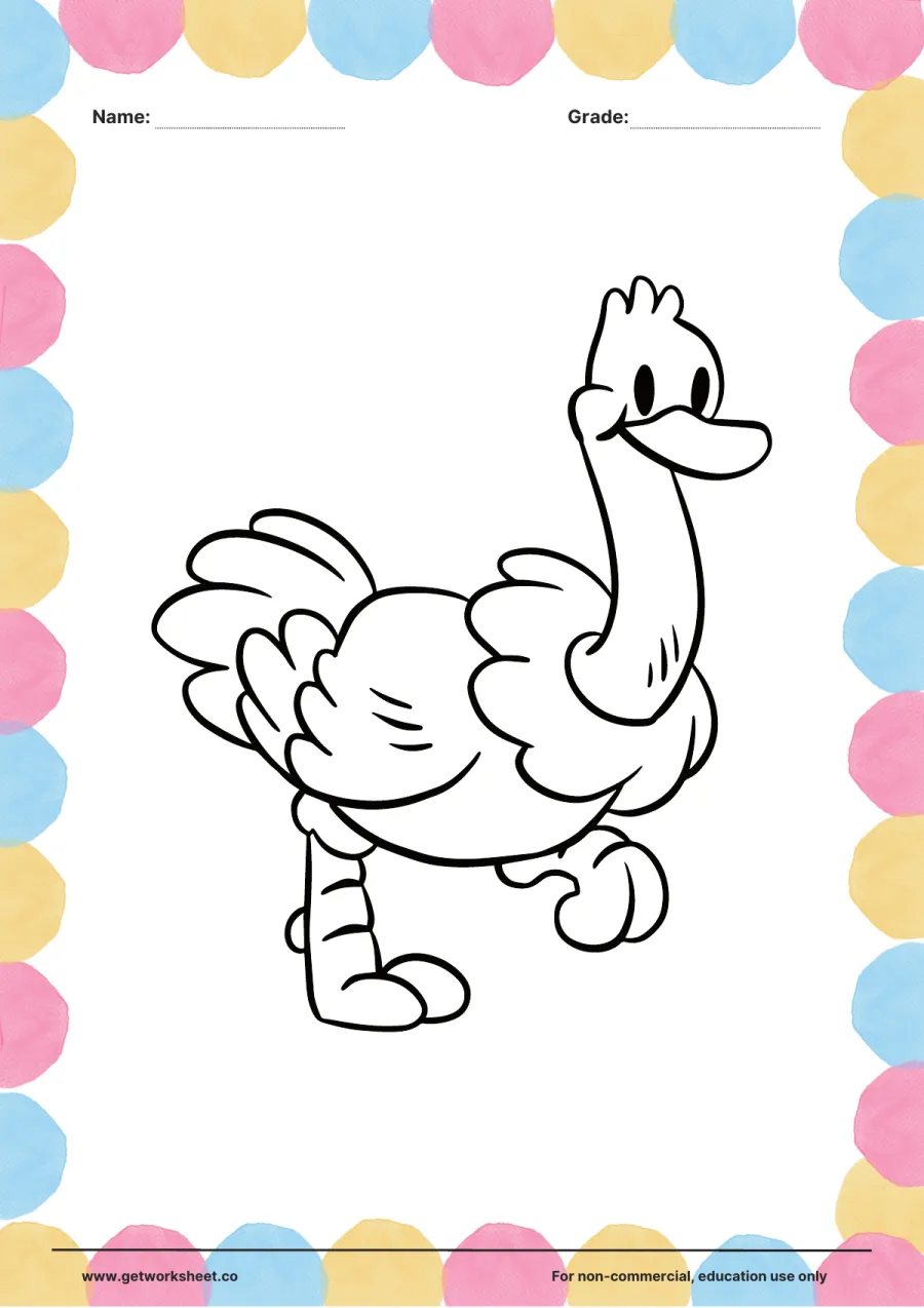Animal coloring page: ostrich mid-stride Animal coloring page: ostrich mid-stride – free printable PDF worksheet, page 1 preview (Free printable animal coloring pages)