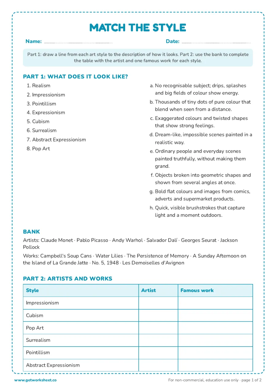 Match the style: 8 art movements, their look, their artists and a famous work Match the style: 8 art movements, their look, their artists and a famous work – free printable PDF worksheet, page 1 preview (Free art styles worksheets)