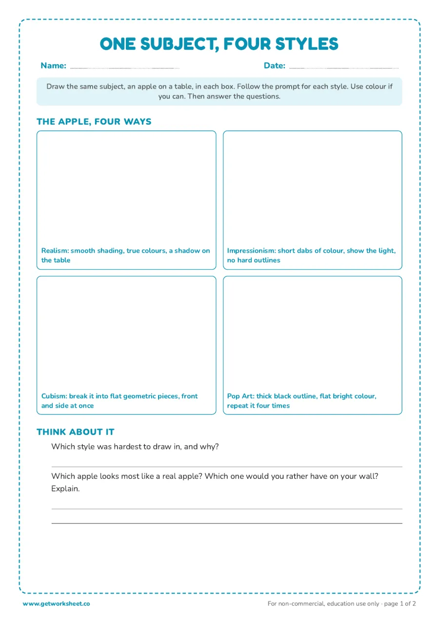 One subject, four styles: draw an apple on a table as Realism, Impressionism, Cubism and Pop Art One subject, four styles: draw an apple on a table as Realism, Impressionism, Cubism and Pop Art – free printable PDF worksheet, page 1 preview (Free art styles worksheets)