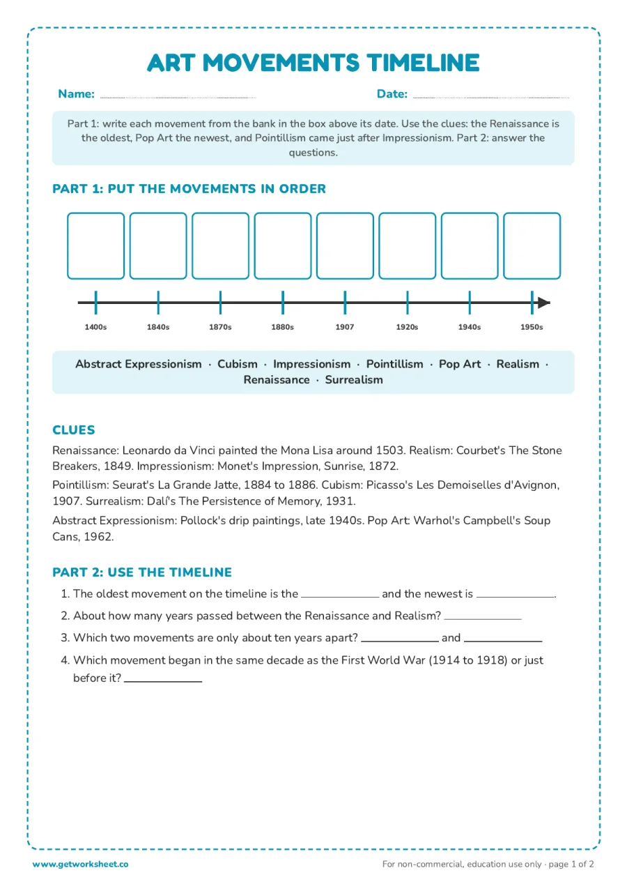 Art movements timeline: place 8 movements in order from the Renaissance to Pop Art Art movements timeline: place 8 movements in order from the Renaissance to Pop Art – free printable PDF worksheet, page 1 preview (Free art styles worksheets)
